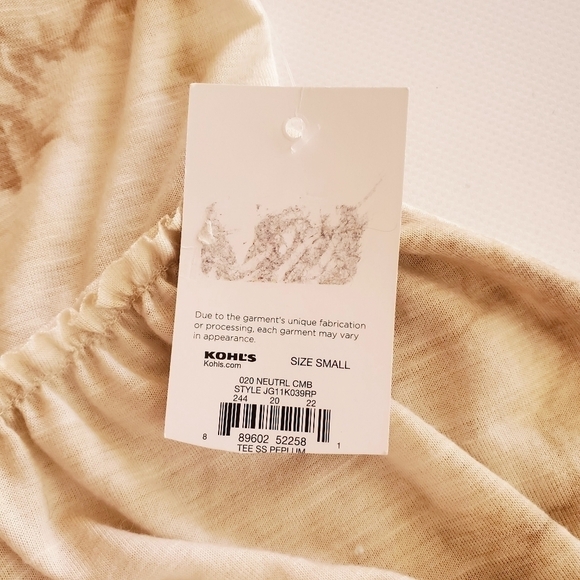 1116 * So Tie Dyed Peplum Ruffle Hem Top Tan Size S NWT - Picture 3 of 5